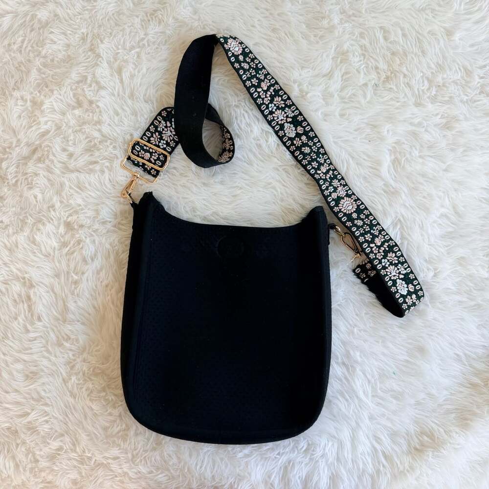 ah-dorned Crossbody Bag Black Neoprene Embroidered Floral Guitar Strap